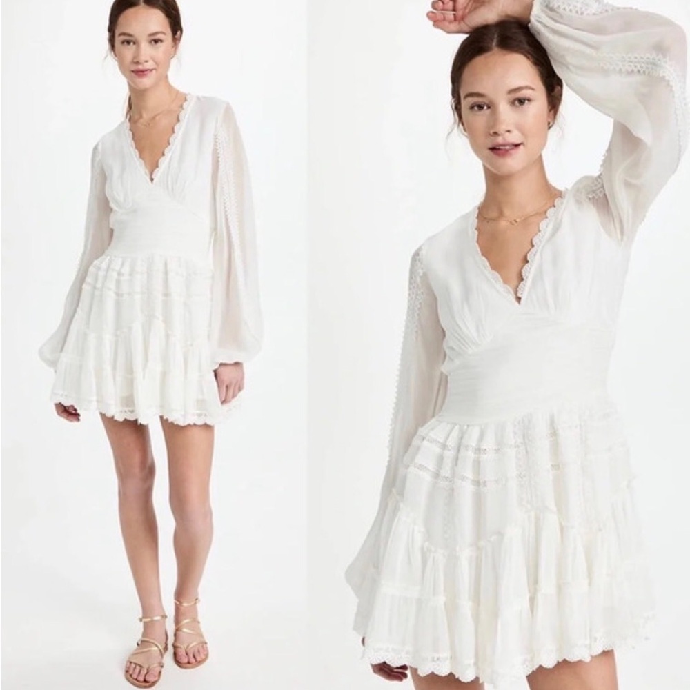 Rococo Sand White Long Sleeve Ruffle Mini Dress